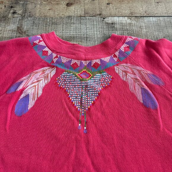 90's Hanes Her Way pink Native feather print pullover sweater Large - Picture 2 of 7